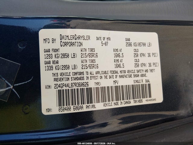 Продажа на аукционе авто 2007 Dodge Grand Caravan Sxt, vin: 2D4GP44L87R360626, номер лота: 46124856