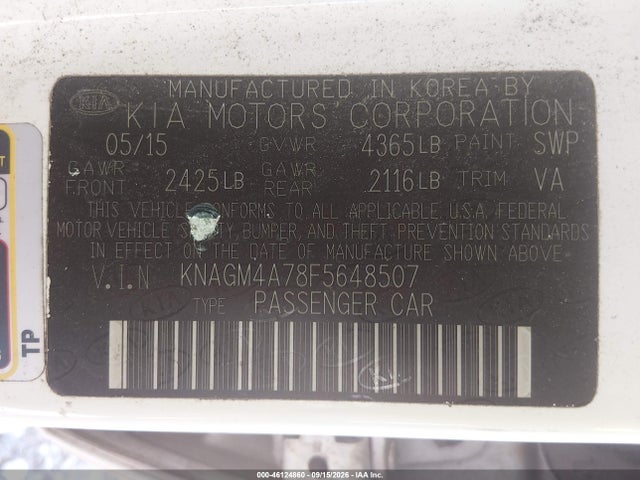 46124860 :رقم المزاد ، KNAGM4A78F5648507 vin ، 2015 Kia Optima Lx مزاد بيع