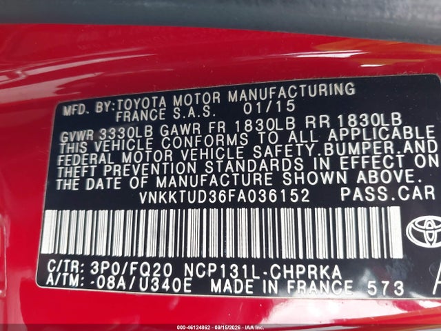 Продажа на аукционе авто 2015 Toyota Yaris L, vin: VNKKTUD36FA036152, номер лота: 46124862