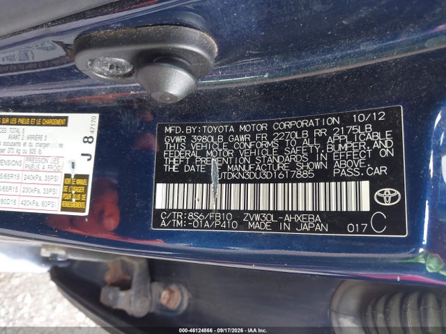 46124866 :رقم المزاد ، JTDKN3DU3D1617885 vin ، 2013 Toyota Prius Two مزاد بيع