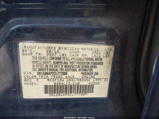 Продаж на аукціоні авто 2012 Nissan Sentra 2.0 S, vin: 3N1AB6AP2CL777089, номер лоту: 46124874