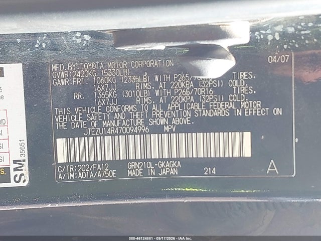 2007 Toyota 4runner Sr5 V6 მანქანა იყიდება აუქციონზე, vin: JTEZU14R470094996, აუქციონის ნომერი: 46124881