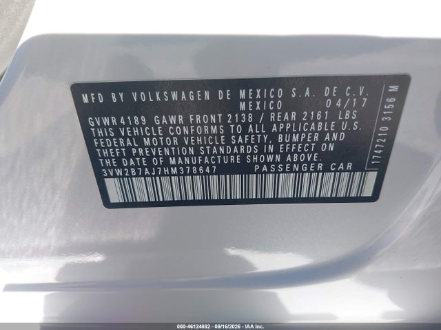 2017 Volkswagen Jetta 1.4t S მანქანა იყიდება აუქციონზე, vin: 3VW2B7AJ7HM378647, აუქციონის ნომერი: 46124882