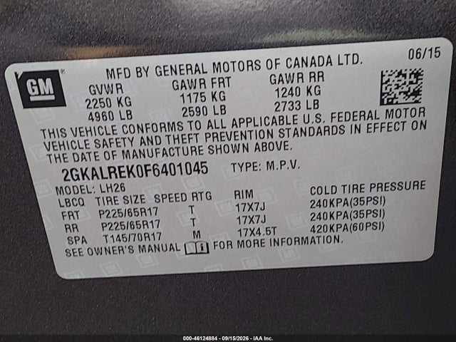 46124884 :رقم المزاد ، 2GKALREK0F6401045 vin ، 2015 Gmc Terrain Sle-2 مزاد بيع