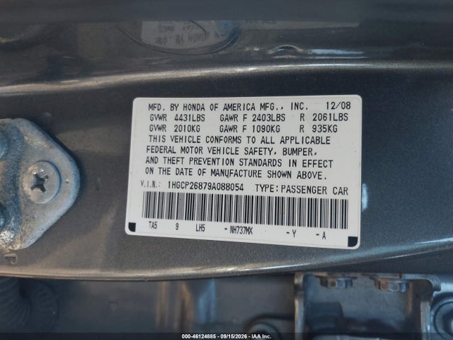 Aukcja sprzedaży 2009 Honda Accord 2.4 Ex-l, vin: 1HGCP26879A088054, numer aukcji: 46124885