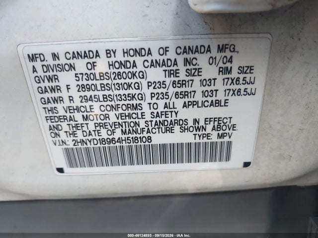2004 Acura Mdx მანქანა იყიდება აუქციონზე, vin: 2HNYD18964H518108, აუქციონის ნომერი: 46124893