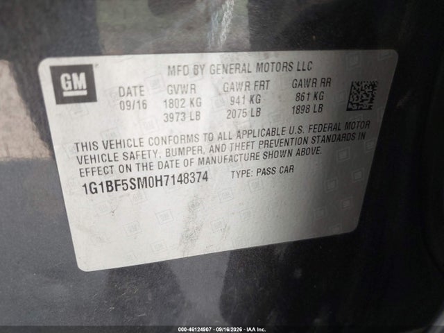 Aukcja sprzedaży 2017 Chevrolet Cruze Premier Auto, vin: 1G1BF5SM0H7148374, numer aukcji: 46124907