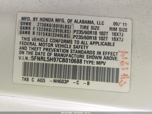 46124908 :رقم المزاد ، 5FNRL5H97CB010688 vin ، 2012 Honda Odyssey Touring/touring Elite مزاد بيع