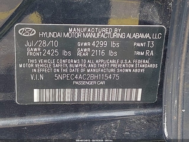 Продажа на аукционе авто 2011 Hyundai Sonata Se, vin: 5NPEC4AC2BH115475, номер лота: 46124910
