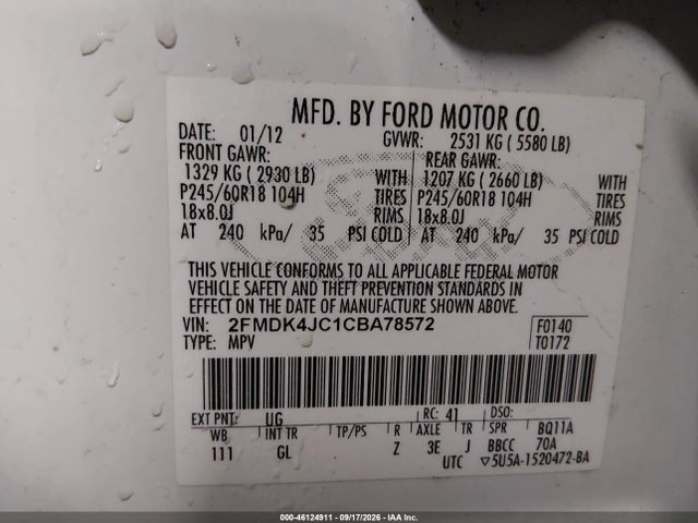 2012 Ford Edge Sel მანქანა იყიდება აუქციონზე, vin: 2FMDK4JC1CBA78572, აუქციონის ნომერი: 46124911