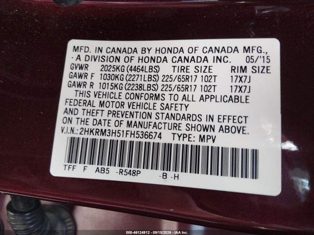 Honda CR-V EX 2015 2HKRM3H51FH536674 Image 9