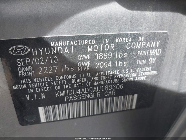 Auction sale of the 2010 Hyundai Elantra Gls, vin: KMHDU4AD9AU183306, lot number: 46124921