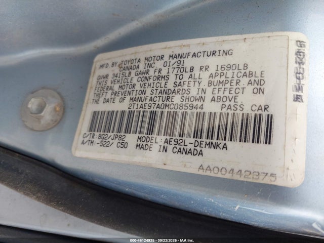 Auction sale of the 1991 Toyota Corolla Le/dlx, vin: 2T1AE97A0MC085944, lot number: 46124925