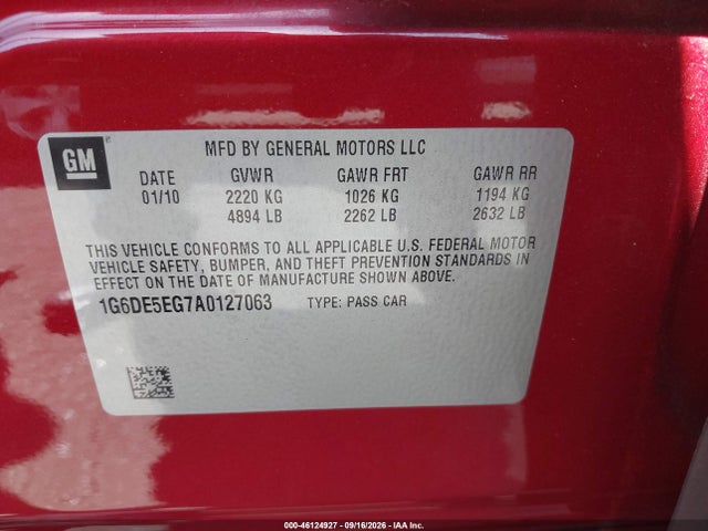 2010 Cadillac Cts Luxury მანქანა იყიდება აუქციონზე, vin: 1G6DE5EG7A0127063, აუქციონის ნომერი: 46124927