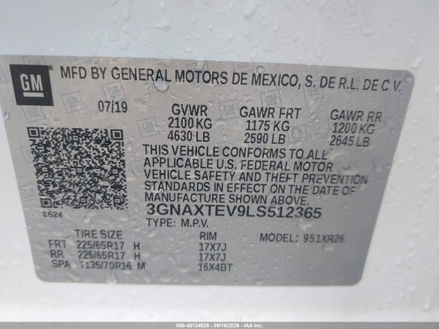 Aukcja sprzedaży 2020 Chevrolet Equinox Awd 2fl, vin: 3GNAXTEV9LS512365, numer aukcji: 46124928