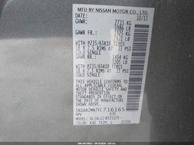 Продаж на аукціоні авто 2015 Nissan Pathfinder Sl, vin: 5N1AR2MN7FC716165, номер лоту: 46124933