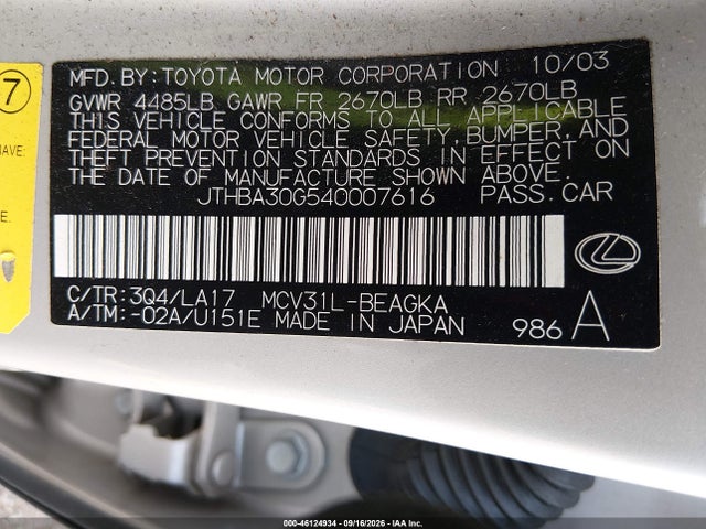 46124934 :رقم المزاد ، JTHBA30G540007616 vin ، 2004 Lexus Es 330 مزاد بيع