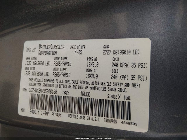 Aukcja sprzedaży 2005 Dodge Dakota Slt, vin: 1D7HW42N75S306180, numer aukcji: 46124945