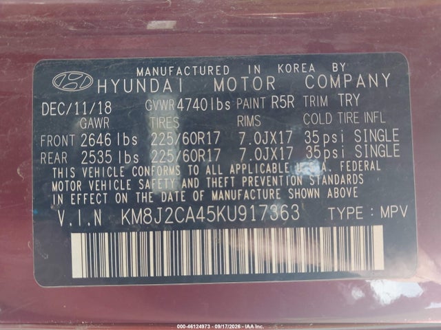 Aukcja sprzedaży 2019 Hyundai Tucson Se, vin: KM8J2CA45KU917363, numer aukcji: 46124973