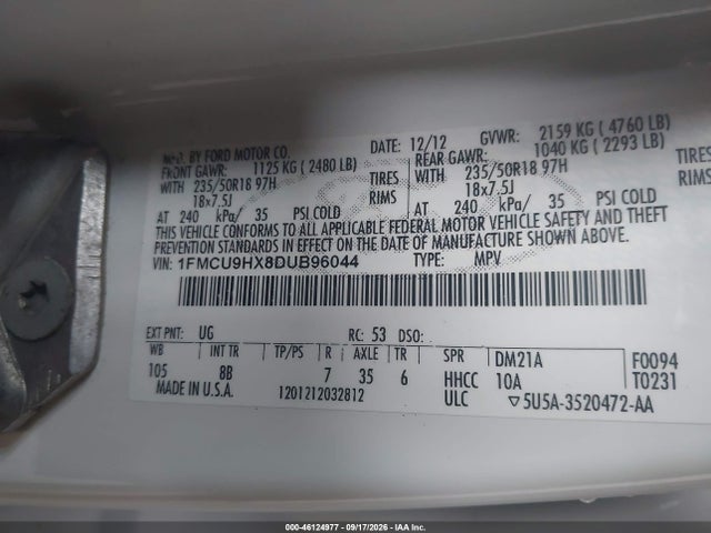 Продажа на аукционе авто 2013 Ford Escape Sel, vin: 1FMCU9HX8DUB96044, номер лота: 46124977