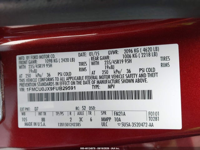 Aukcja sprzedaży 2015 Ford Escape Titanium, vin: 1FMCU0JX9FUB29591, numer aukcji: 46124979