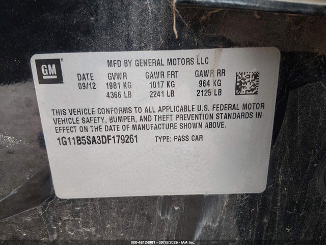 46124981 :رقم المزاد ، 1G11B5SA3DF179261 vin ، 2013 Chevrolet Malibu 1ls مزاد بيع