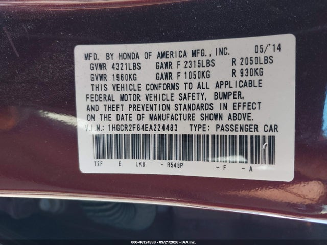 1HGCR2F84EA224483 Honda Accord Ex-l