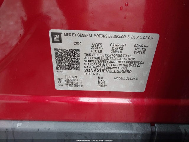 Aukcja sprzedaży 2020 Chevrolet Equinox Awd Lt 1.5l Turbo, vin: 3GNAXUEV2LL253590, numer aukcji: 46125003
