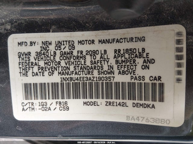 Aukcja sprzedaży 2010 Toyota Corolla, vin: 1NXBU4EE3AZ190357, numer aukcji: 46125007