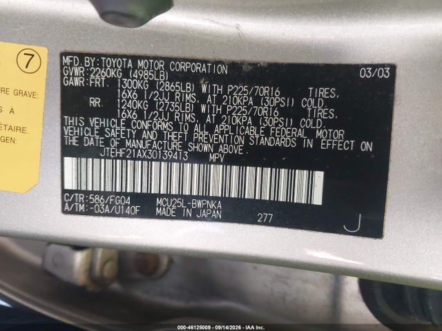 46125009 :رقم المزاد ، JTEHF21AX30139413 vin ، 2003 Toyota Highlander V6 مزاد بيع