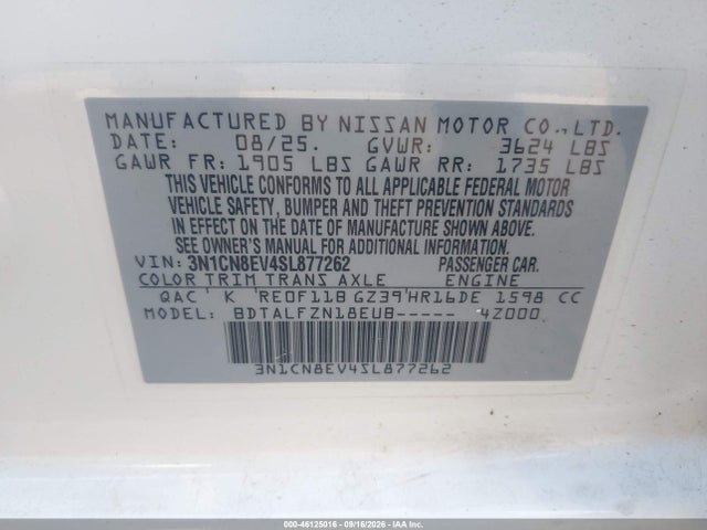 Aukcja sprzedaży 2025 Nissan Versa 1.6 Sv, vin: 3N1CN8EV4SL877262, numer aukcji: 46125016