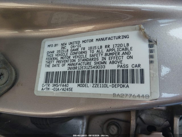 Продаж на аукціоні авто 2001 Toyota Corolla Le, vin: 1NXBR12E31Z549033, номер лоту: 46125033