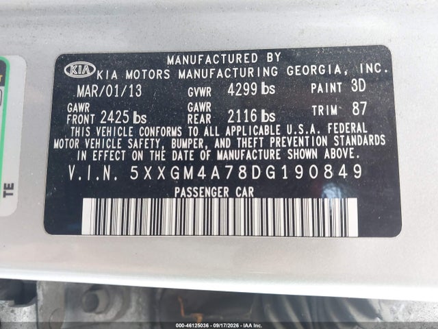 Aukcja sprzedaży 2013 Kia Optima Lx, vin: 5XXGM4A78DG190849, numer aukcji: 46125036
