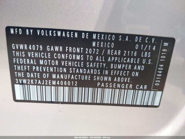 Продаж на аукціоні авто 2014 Volkswagen Jetta 2.0l S, vin: 3VW2K7AJ2EM406012, номер лоту: 46125041