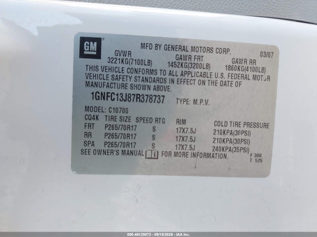 46125072 :رقم المزاد ، 1GNFC13J87R378737 vin ، 2007 Chevrolet Tahoe Lt مزاد بيع