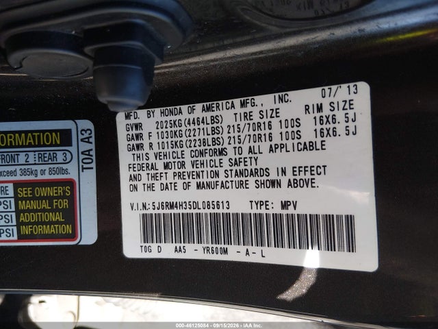 Продаж на аукціоні авто 2013 Honda Cr-v Lx, vin: 5J6RM4H35DL085613, номер лоту: 46125084