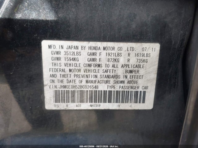 46125096 :رقم المزاد ، JHMGE8H52BC026548 vin ، 2011 Honda Fit Sport مزاد بيع