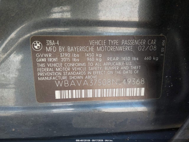46125109 :رقم المزاد ، WBAVA37508NL49368 vin ، 2008 Bmw 328i مزاد بيع