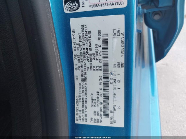 2016 Ford Fiesta Se მანქანა იყიდება აუქციონზე, vin: 3FADP4BJ3GM154273, აუქციონის ნომერი: 46125110