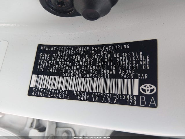 46125111 :رقم المزاد ، 5YFBURHE5HP678911 vin ، 2017 Toyota Corolla Le مزاد بيع