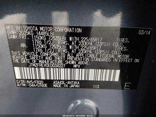 Продажа на аукционе авто 2014 Toyota Rav4 Le, vin: JTMZFREV0ED034227, номер лота: 46125113
