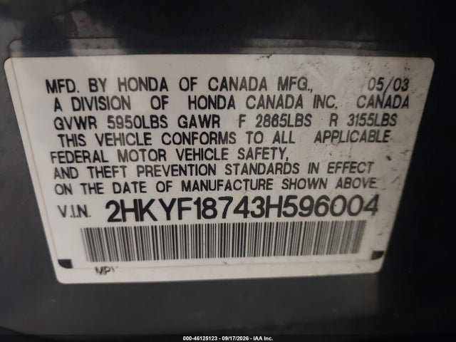 Продаж на аукціоні авто 2003 Honda Pilot Ex-l, vin: 2HKYF18743H596004, номер лоту: 46125123