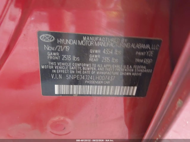 46125132 :رقم المزاد ، 5NPEJ4J24LH007437 vin ، 2020 Hyundai Sonata Sel Plus مزاد بيع