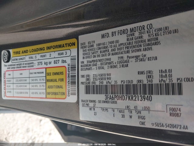 2019 Ford Fusion Se მანქანა იყიდება აუქციონზე, vin: 3FA6P0HD7KR213940, აუქციონის ნომერი: 46125135