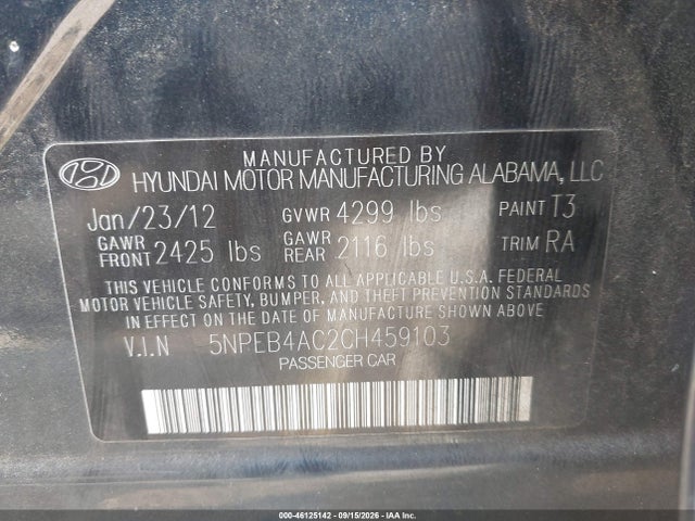 Продажа на аукционе авто 2012 Hyundai Sonata Gls, vin: 5NPEB4AC2CH459103, номер лота: 46125142