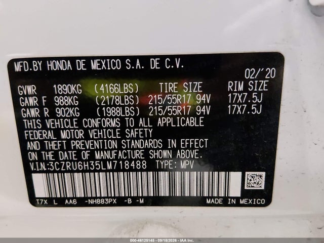 Продажа на аукционе авто 2020 Honda Hr-v Awd Lx, vin: 3CZRU6H35LM718488, номер лота: 46125145