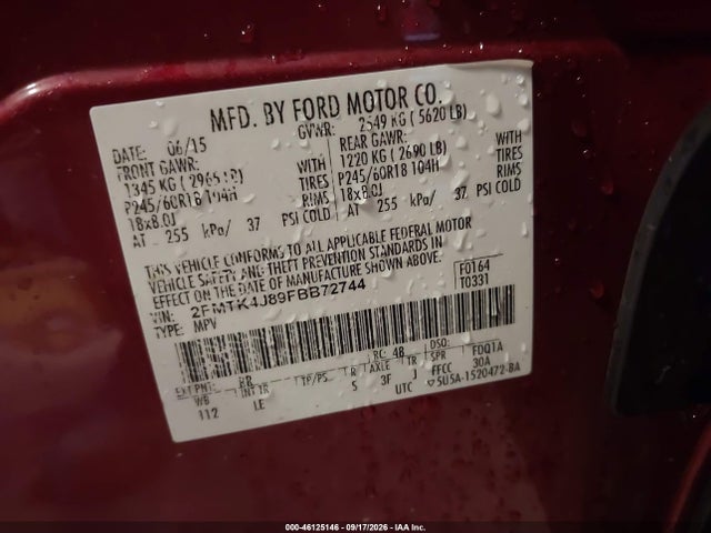 2015 Ford Edge Sel მანქანა იყიდება აუქციონზე, vin: 2FMTK4J89FBB72744, აუქციონის ნომერი: 46125146
