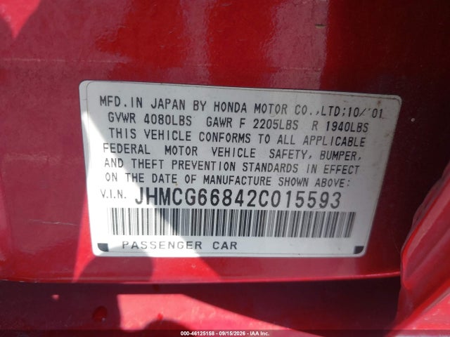 Aukcja sprzedaży 2002 Honda Accord 2.3 Ex/2.3 Se, vin: JHMCG66842C015593, numer aukcji: 46125158