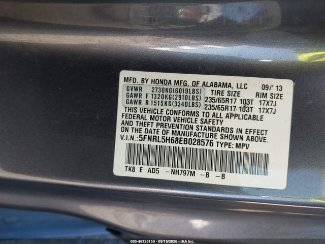 5FNRL5H68EB028576 Honda Odyssey Ex-l