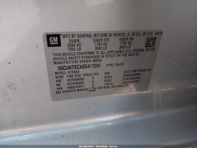 46125167 :رقم المزاد ، 3GCUKTECXEG417256 vin ، 2014 Chevrolet Silverado 1500 High Country مزاد بيع